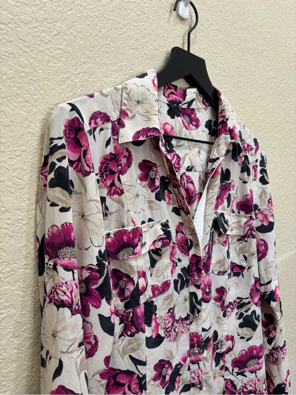 Vintage WHBM Pure Silk Floral Utility Blouse Top Magenta Pink Romantic Coquette - Picture 2 of 9